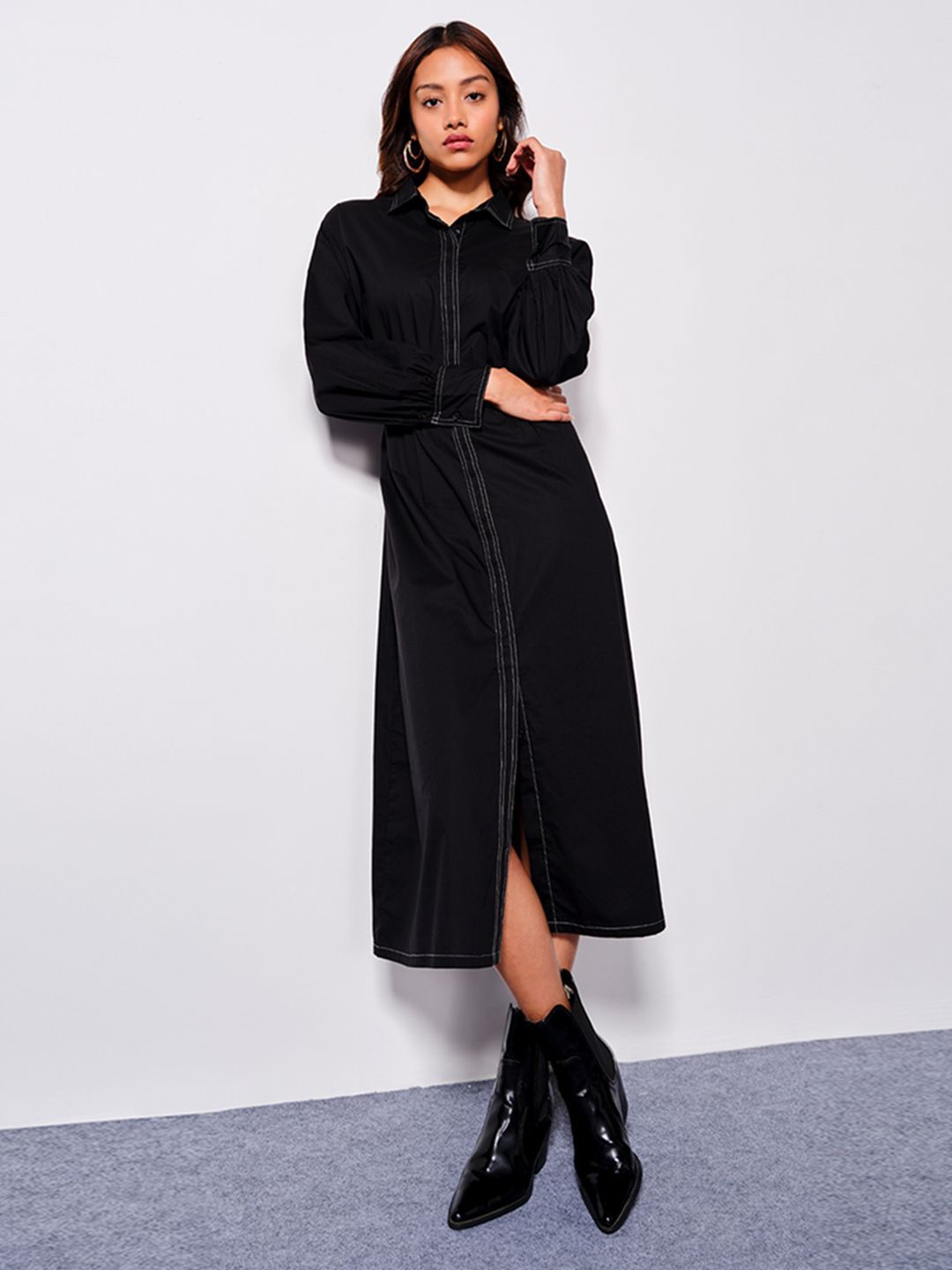 AND Pure Cotton Cuffed Sleeves Shirt Midi Dress