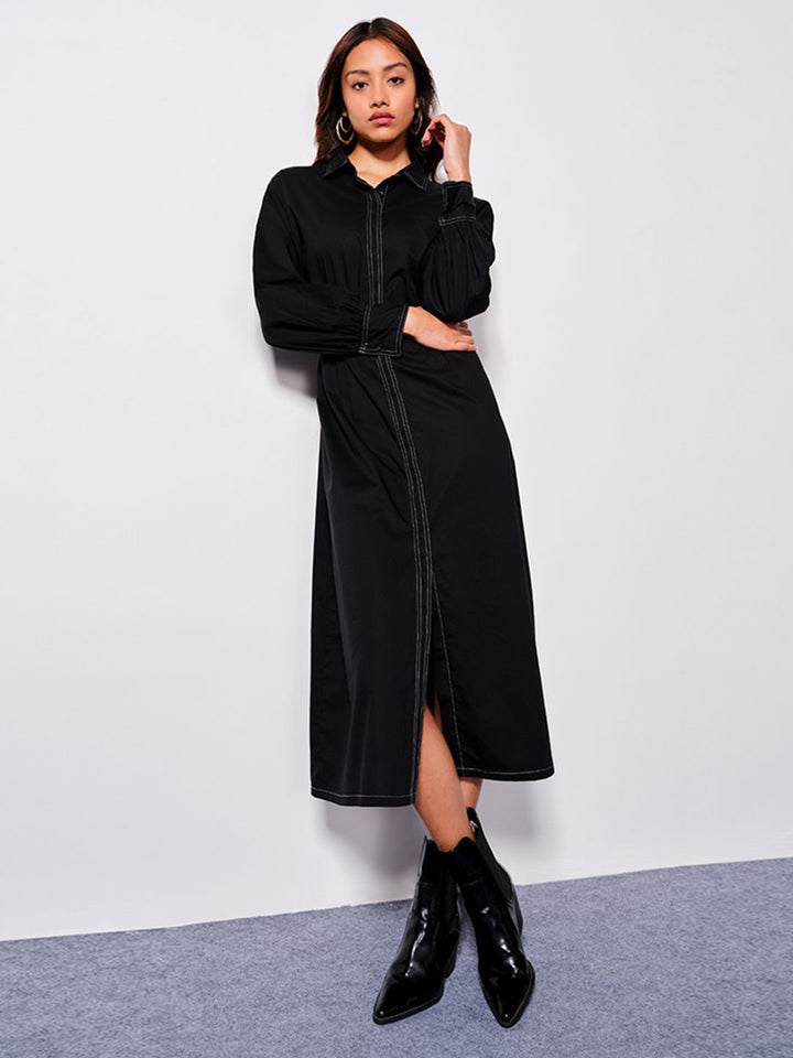 AND Pure Cotton Cuffed Sleeves Shirt Midi Dress