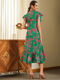SANSKRUTIHOMES Women Green Cotton Printed V Neck Dress