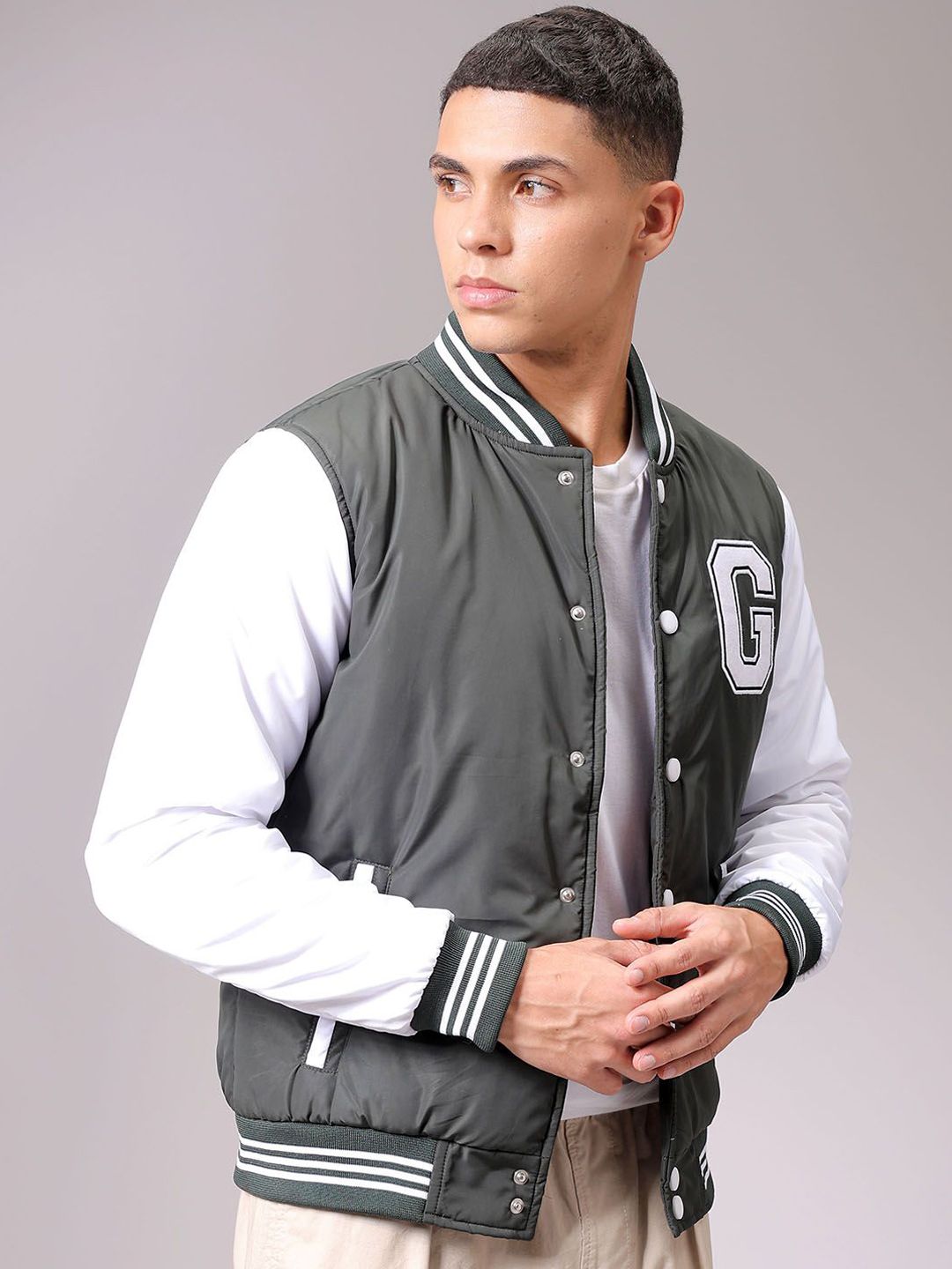 The Indian Garage Co Men Stand Collar Typography Printed Casual Varsity Jacket