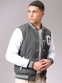 The Indian Garage Co Men Stand Collar Typography Printed Casual Varsity Jacket