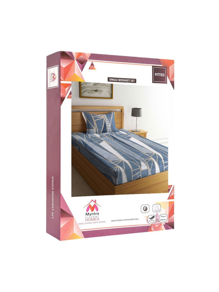 Myntra Elegant Homes Blue & White Geometric 300 TC Single Bedsheet with 1 Pillow Covers