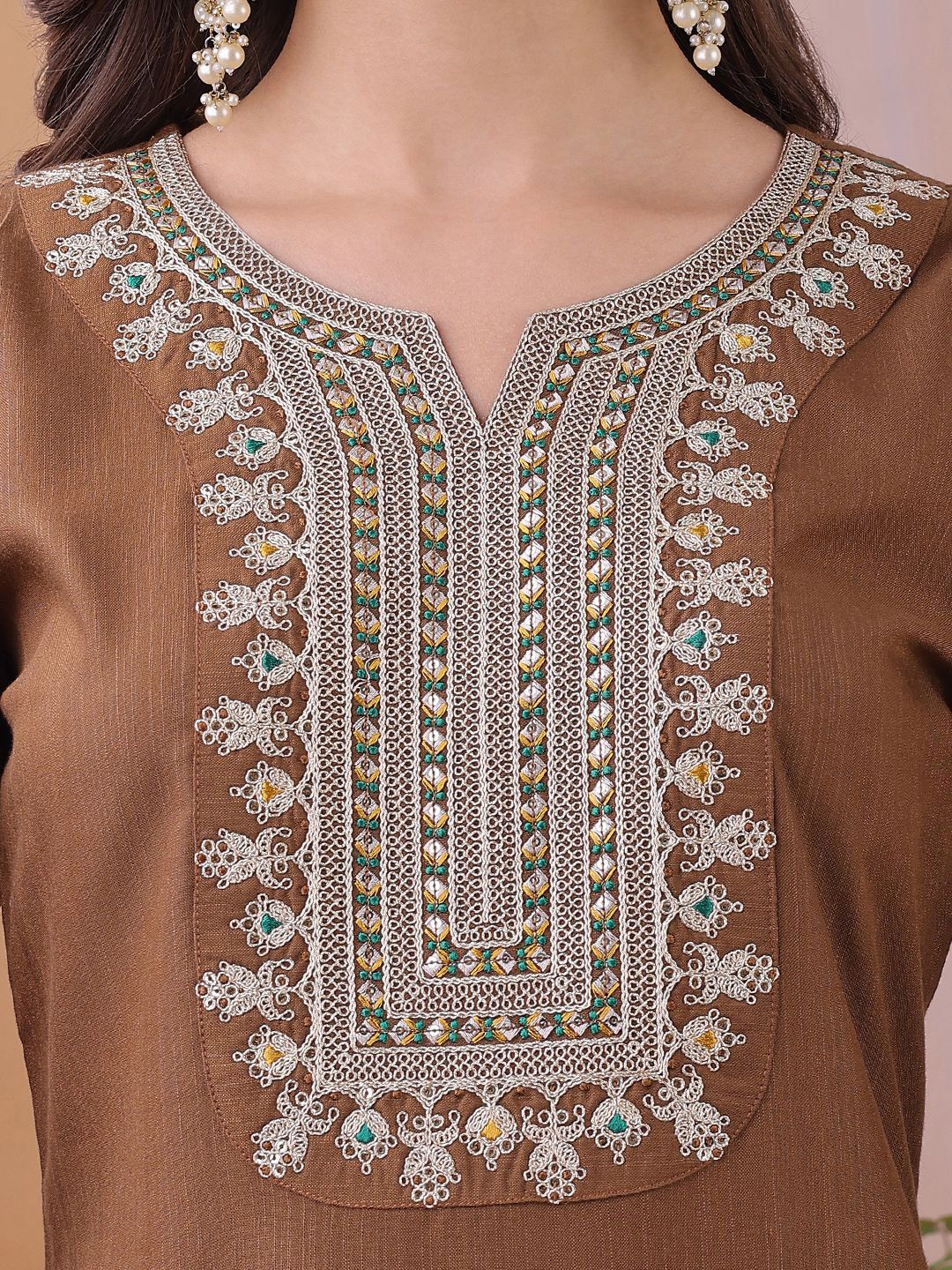 KALINI Yoke Design Sequinned Straight Kurta With Trousers And Dupatta