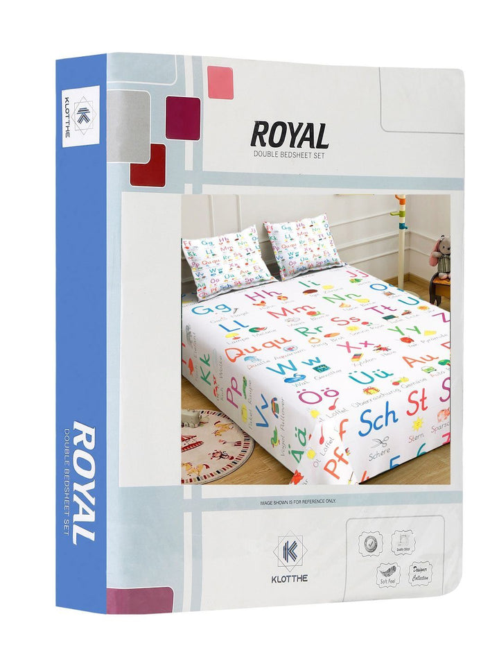 KLOTTHE White Cartoon Printed Flat 300 TC King Bedsheet Dengan 2 Sarung Bantal