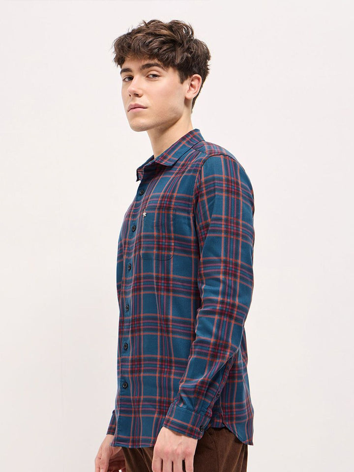 THE BEAR HOUSE Men Spread Collar Tartan Checked Cotton Slim Fit Shirt