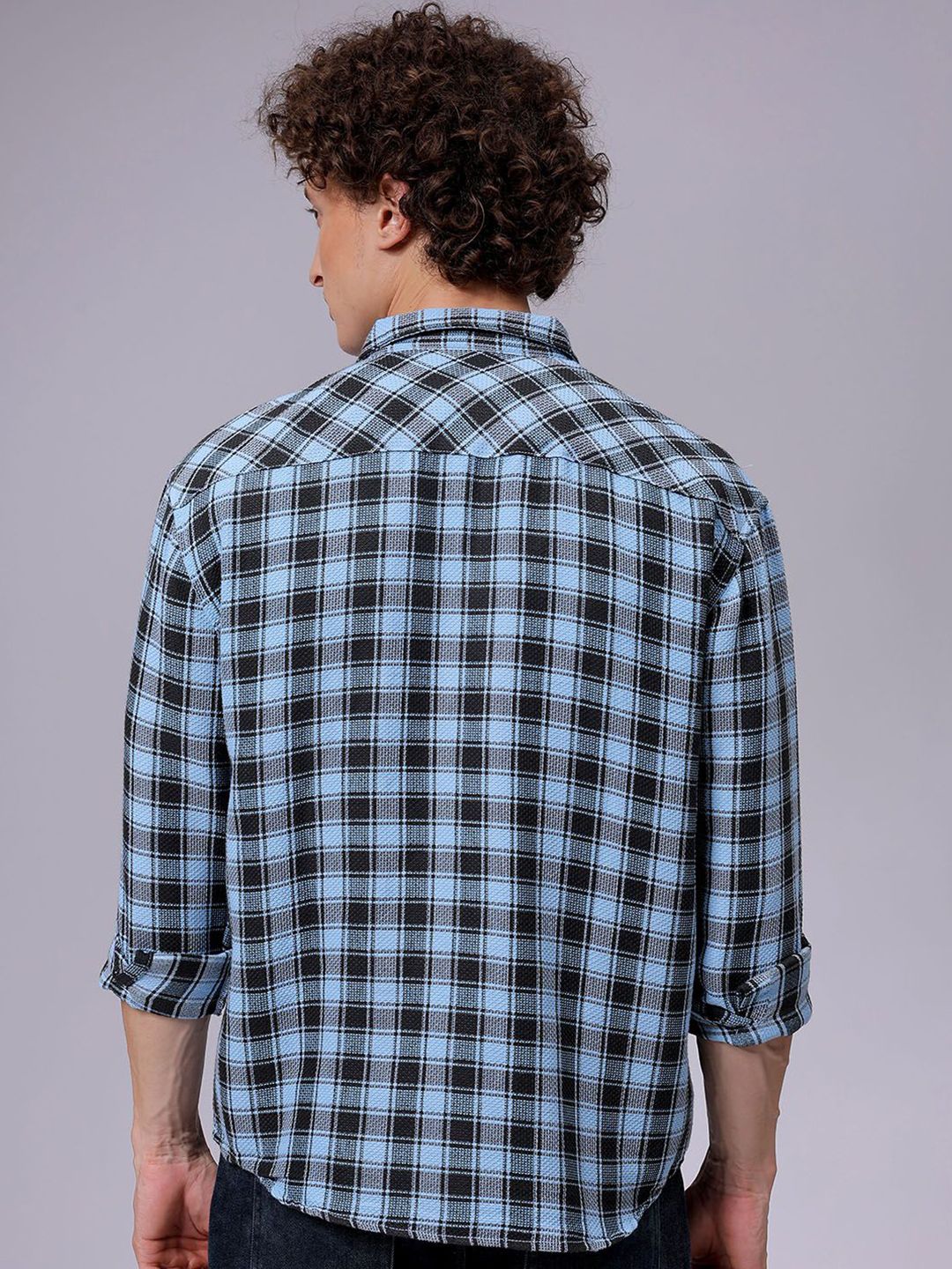 The Indian Garage Co Men Textured Checked Pocket Detailing Relaxed Fit Casual Shacket
