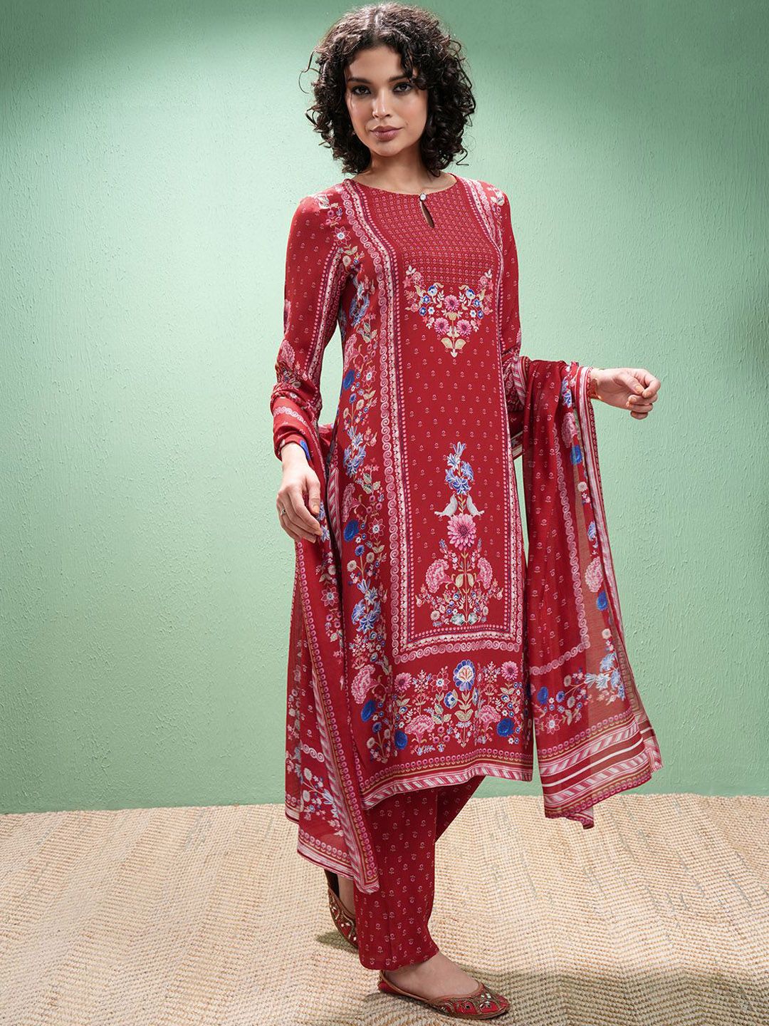 Vishudh Floral Printed Keyhole Neck Straight Kurta With Trousers & Dupatta