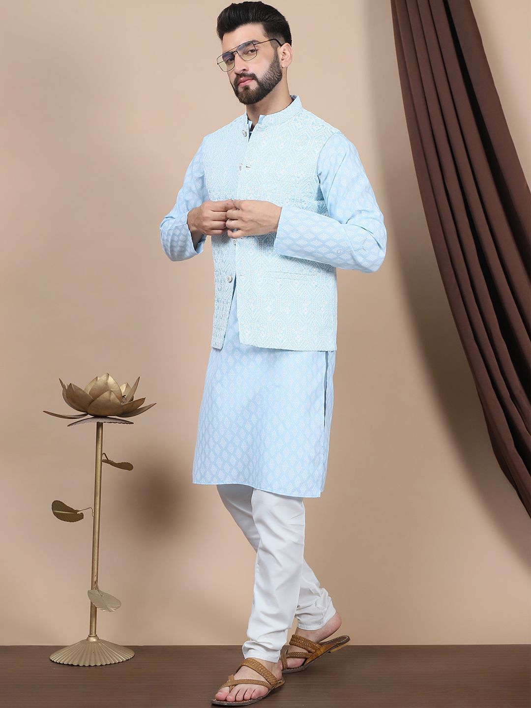 Anouk Floral Printed Regular Pure Cotton Straight Kurta With Churidar & Nehru Jacket