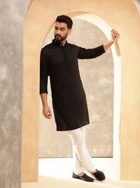 Anouk Black Geometric Embroidered Mandarin Collar Pure Cotton Kurta With Pyjama
