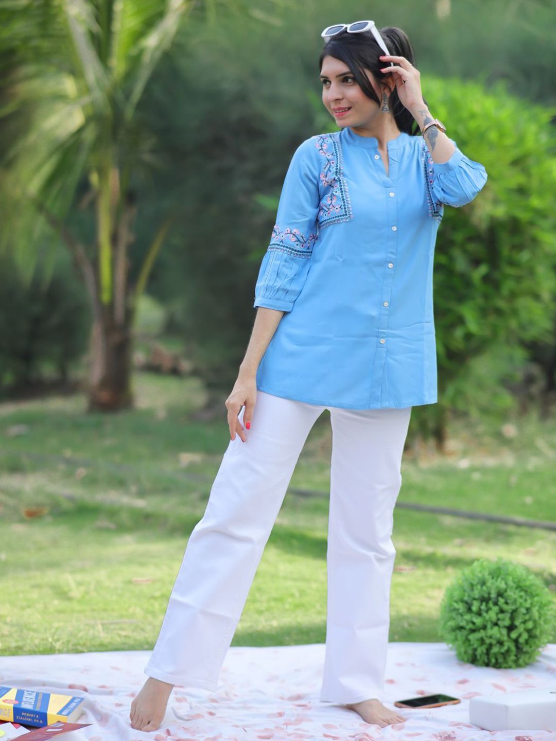 KALINI Women Light Blue Viscose Rayon Embroidered A-line Short Kurti