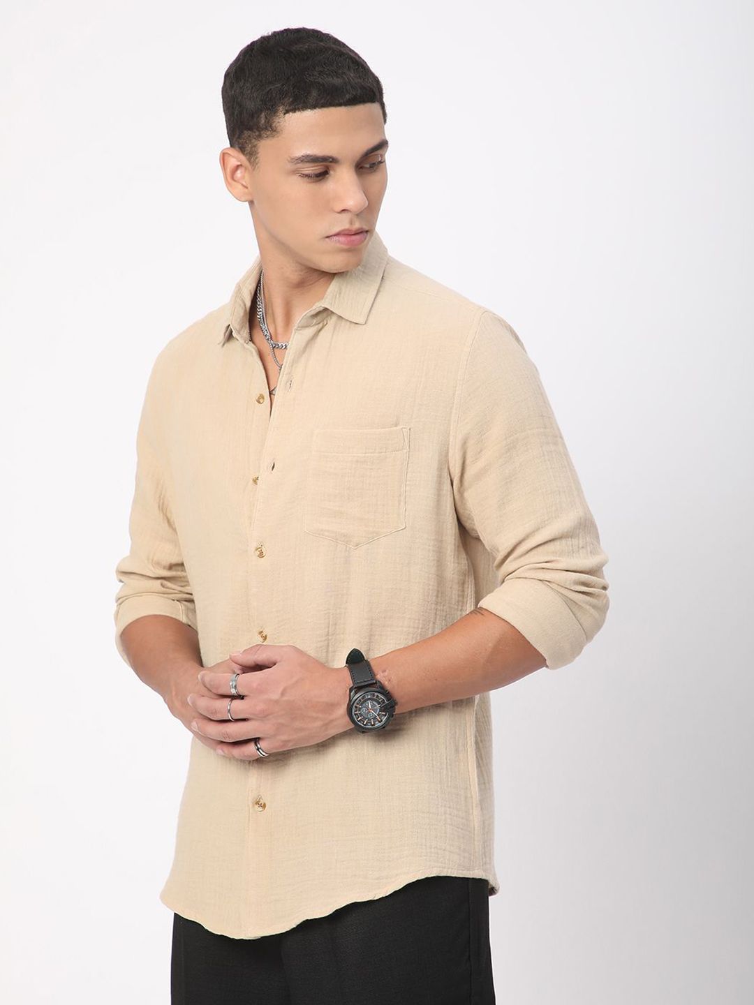VASTRADO Men Classic Fit Spread Collar Solid Cotton Casual Shirt