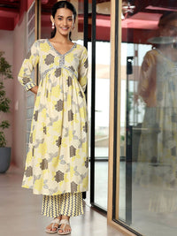 Libas Floral Printed Empire Mirror Work Pure Cotton A Line Kurta with Trousers