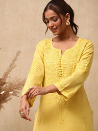 Rumah Wanita Chikankari Cotton Kuning Chikankari Sulam Kurta
