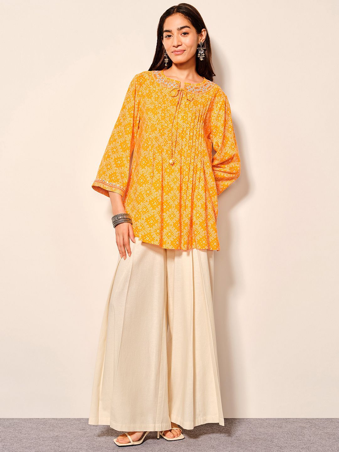 Global Desi Women Ethnic Printed Tie-Up Neck Top