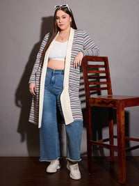 SASSAFRAS Curve Plus Size Chevron Striped Pure Cotton Longline Front Open Shrug