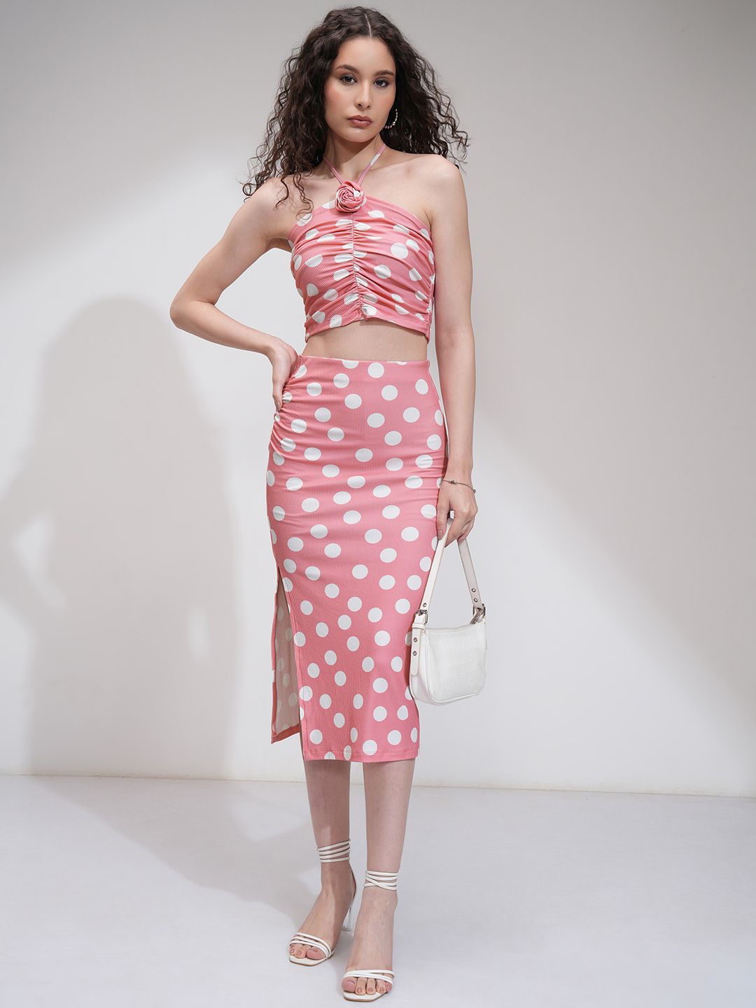 Tokyo Talkies Women Polka Dot Corsage Top with Midi Skirt Co-Ords