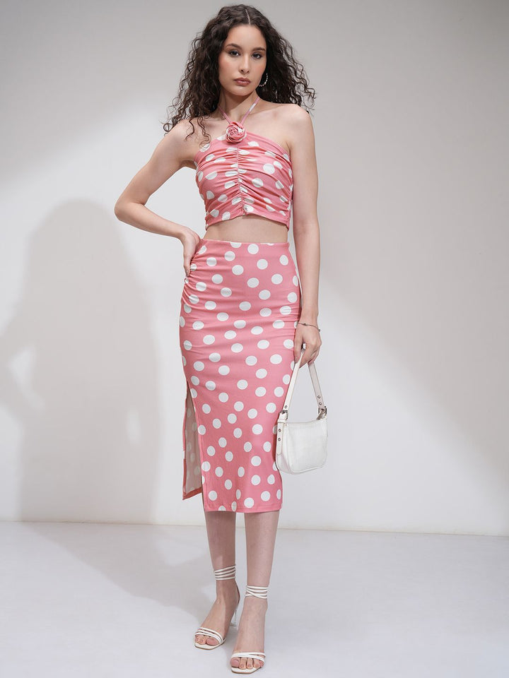 Tokyo Talkies Women Polka Dot Corsage Top with Midi Skirt Co-Ords