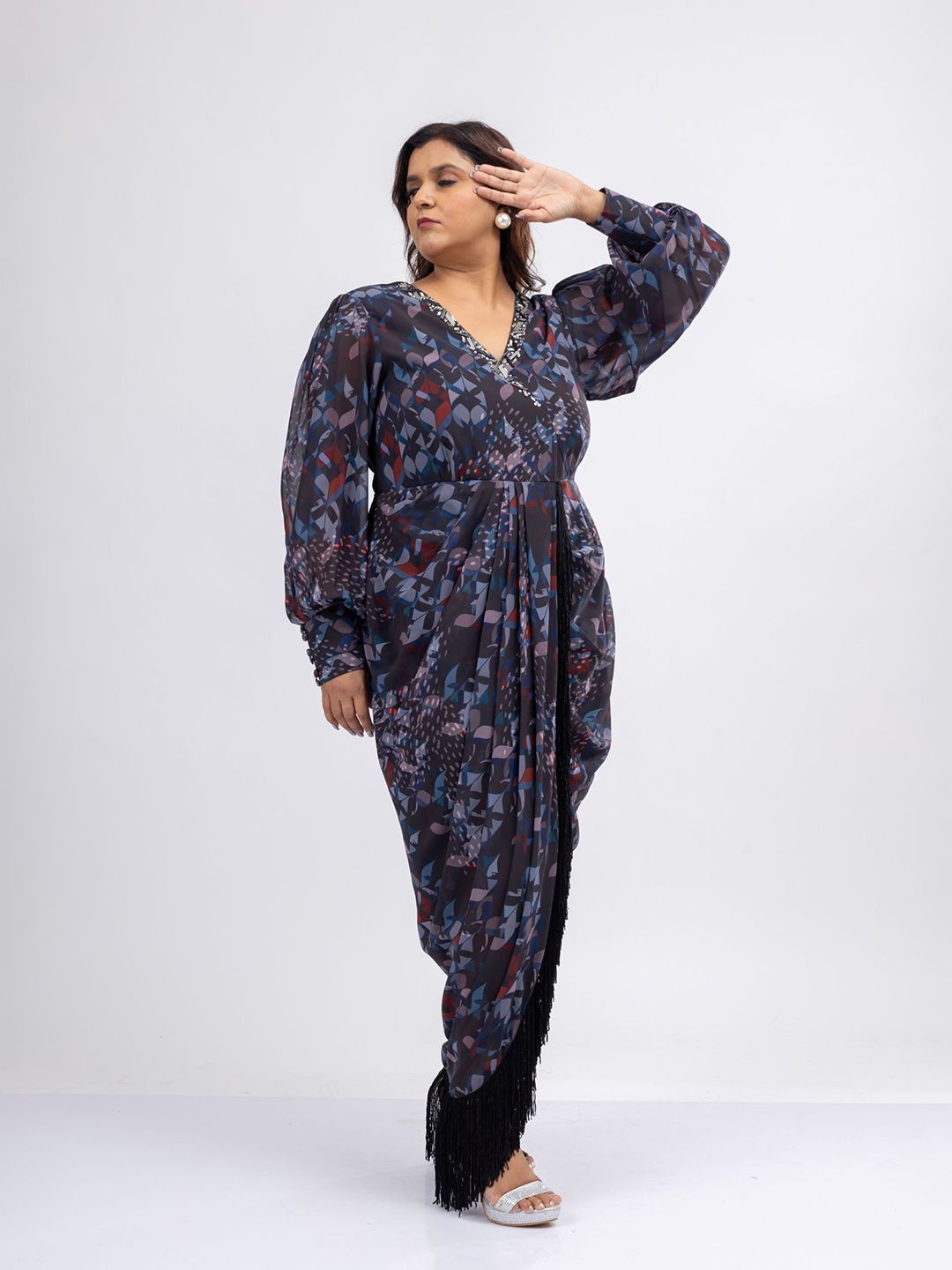 Mamicha Wanita Bercetak V-Neck Puff Lengan Gaun Maxi