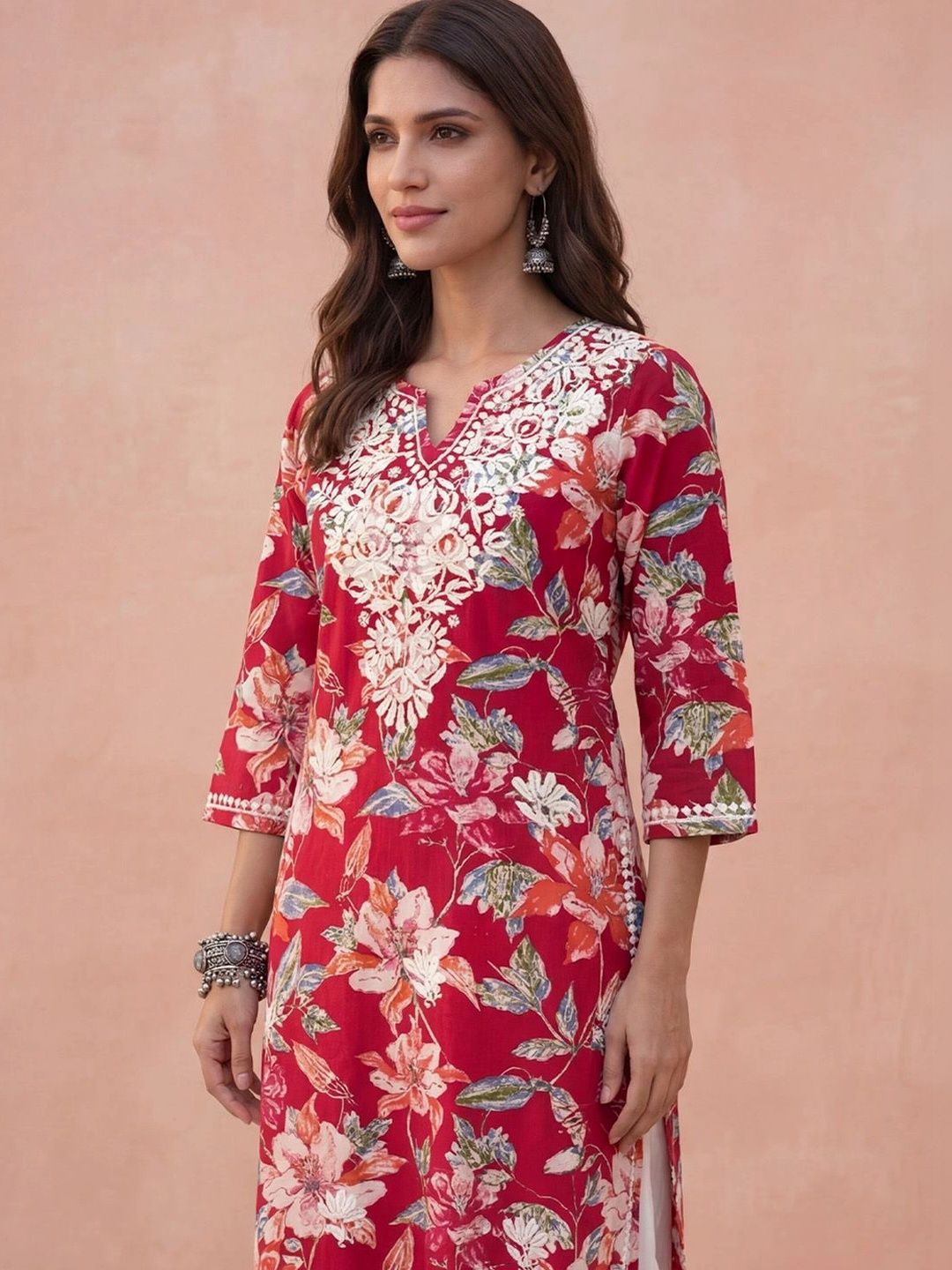 House of Chikankari Women Floral Printed Chikankari Floral Kurta