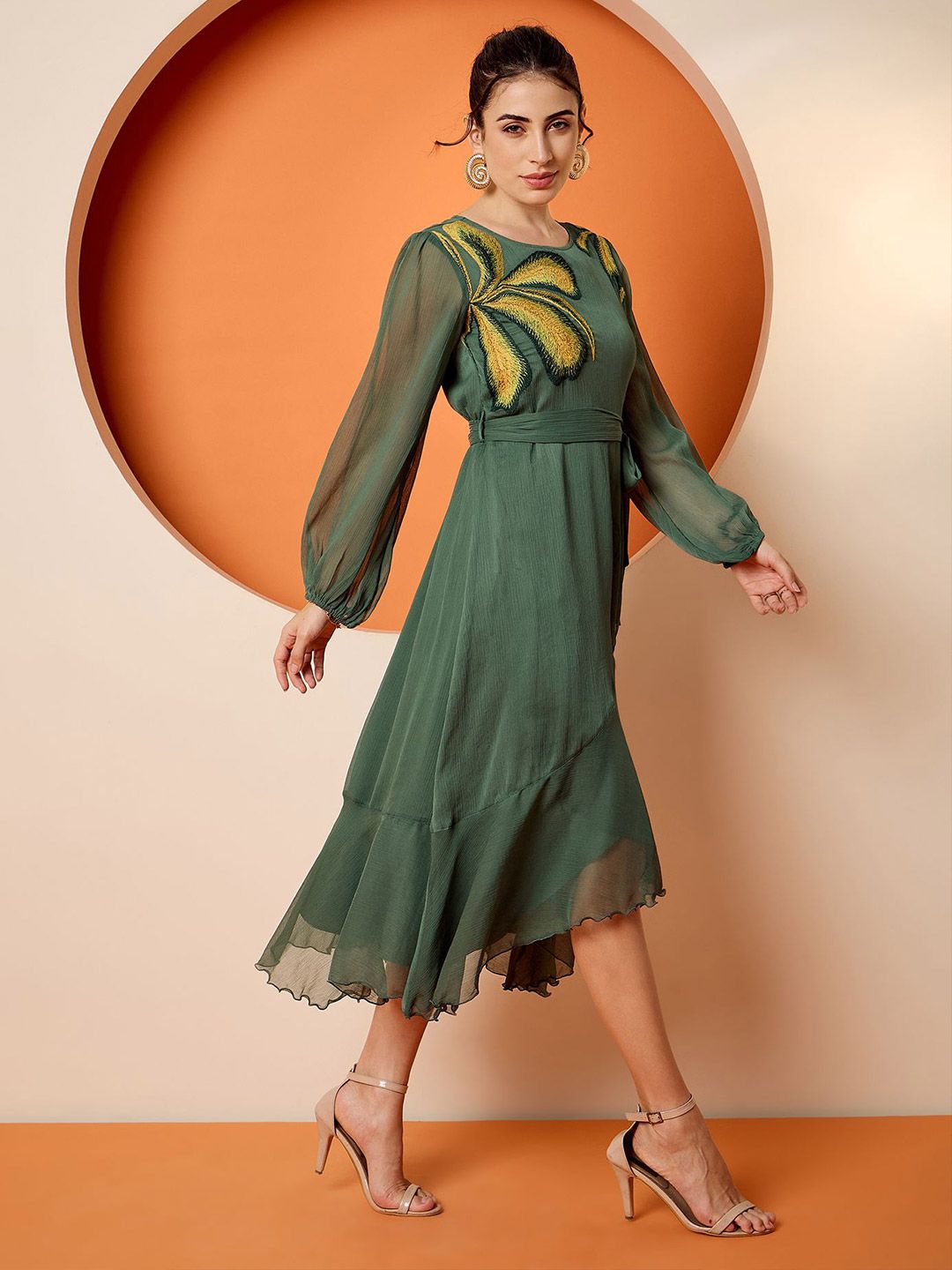 Antheaa Puff Sleeve Chiffon Embroidered A-Line Midi Dress