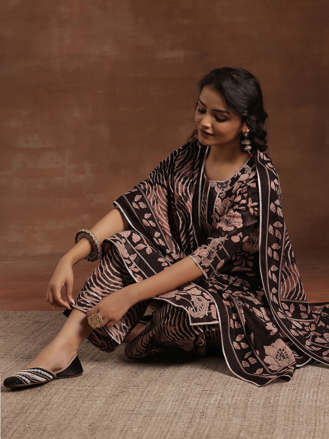 Libas Floral Printed Gotta Patti Pure Cotton Straight Kurta With Palazzo & Dupatta
