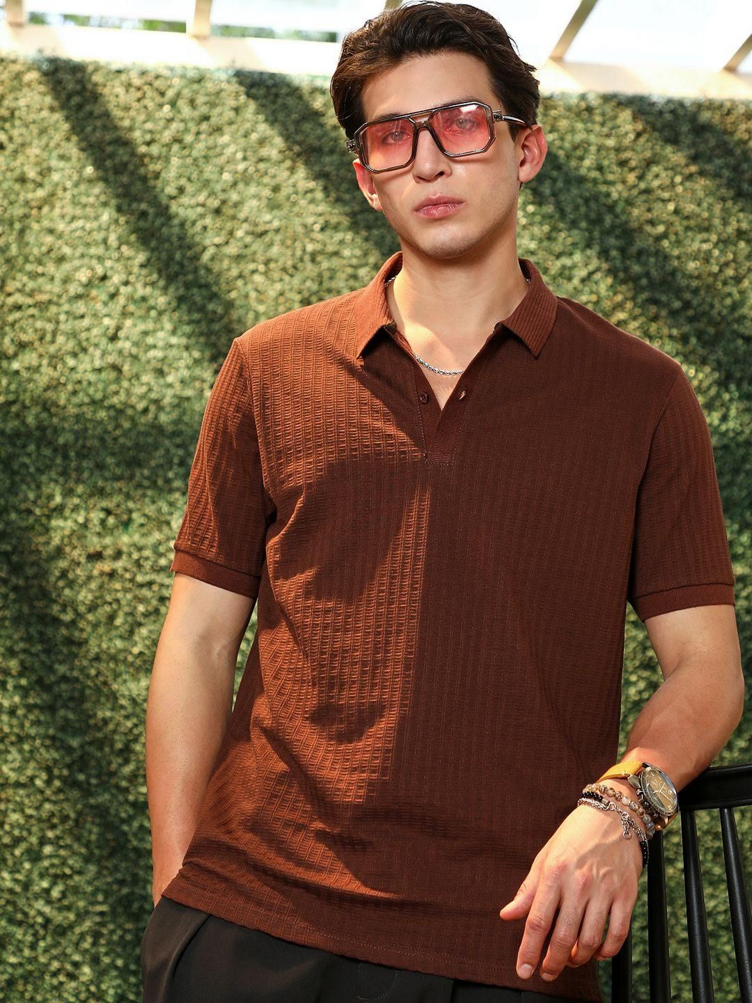 Campus Sutra Men Self Design Polo Collar Cotton T-shirt