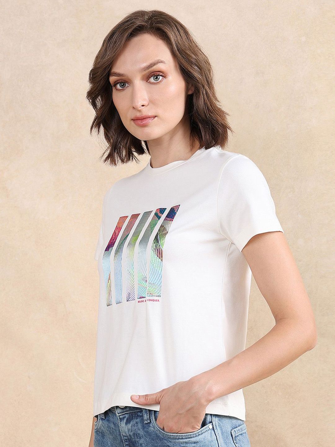Rareism Wanita Grafik T-Shirt Leher Pusingan Dicetak