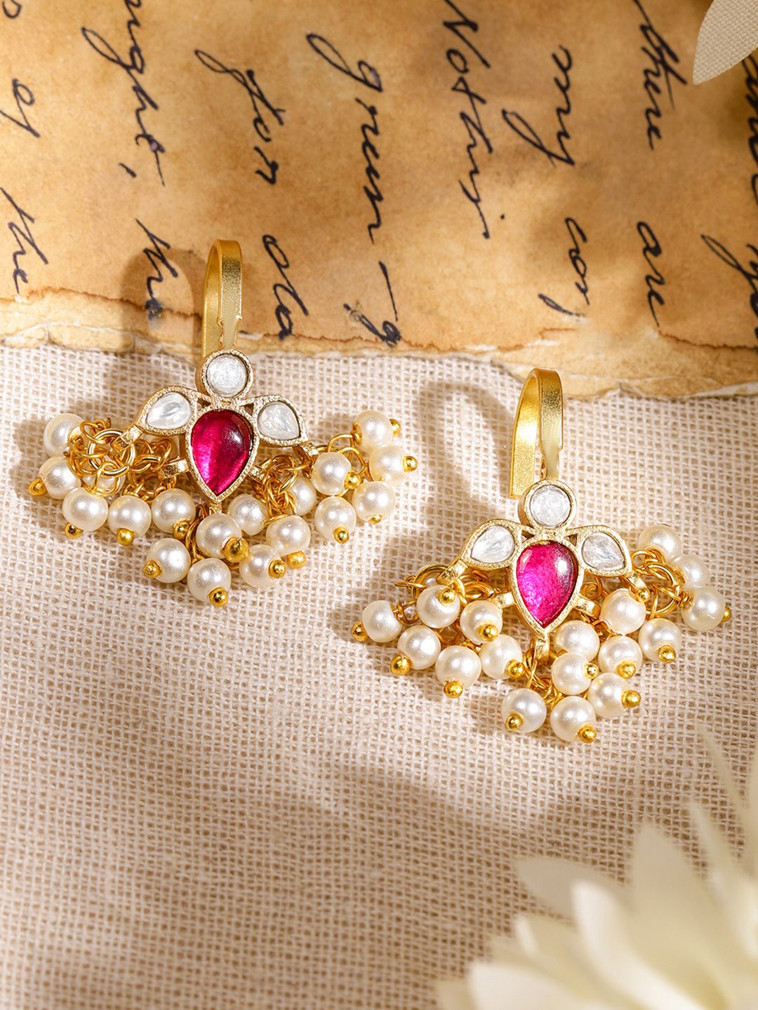 Rubans 22K Gold-Plated Ruby Pink & White Kundan Handcrafted Ear Cuff with Pearl Beads