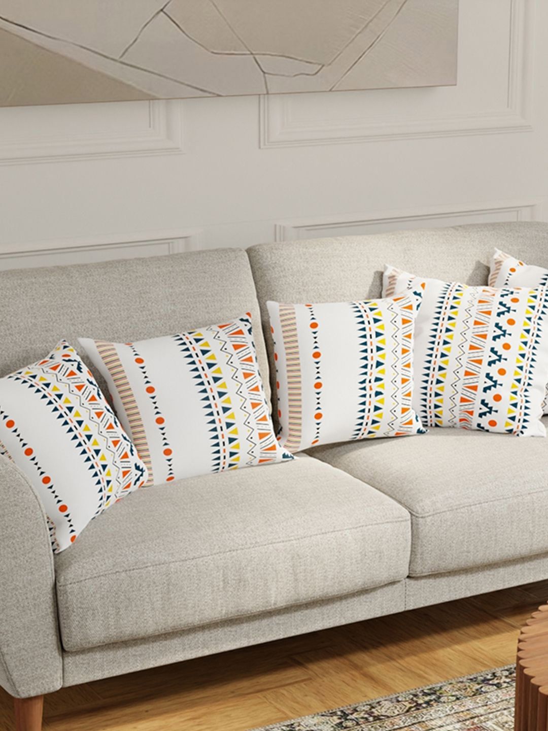 URBAN SPACE White & Orange 5 Pieces Geometric Printed Cotton Square Cushion Covers