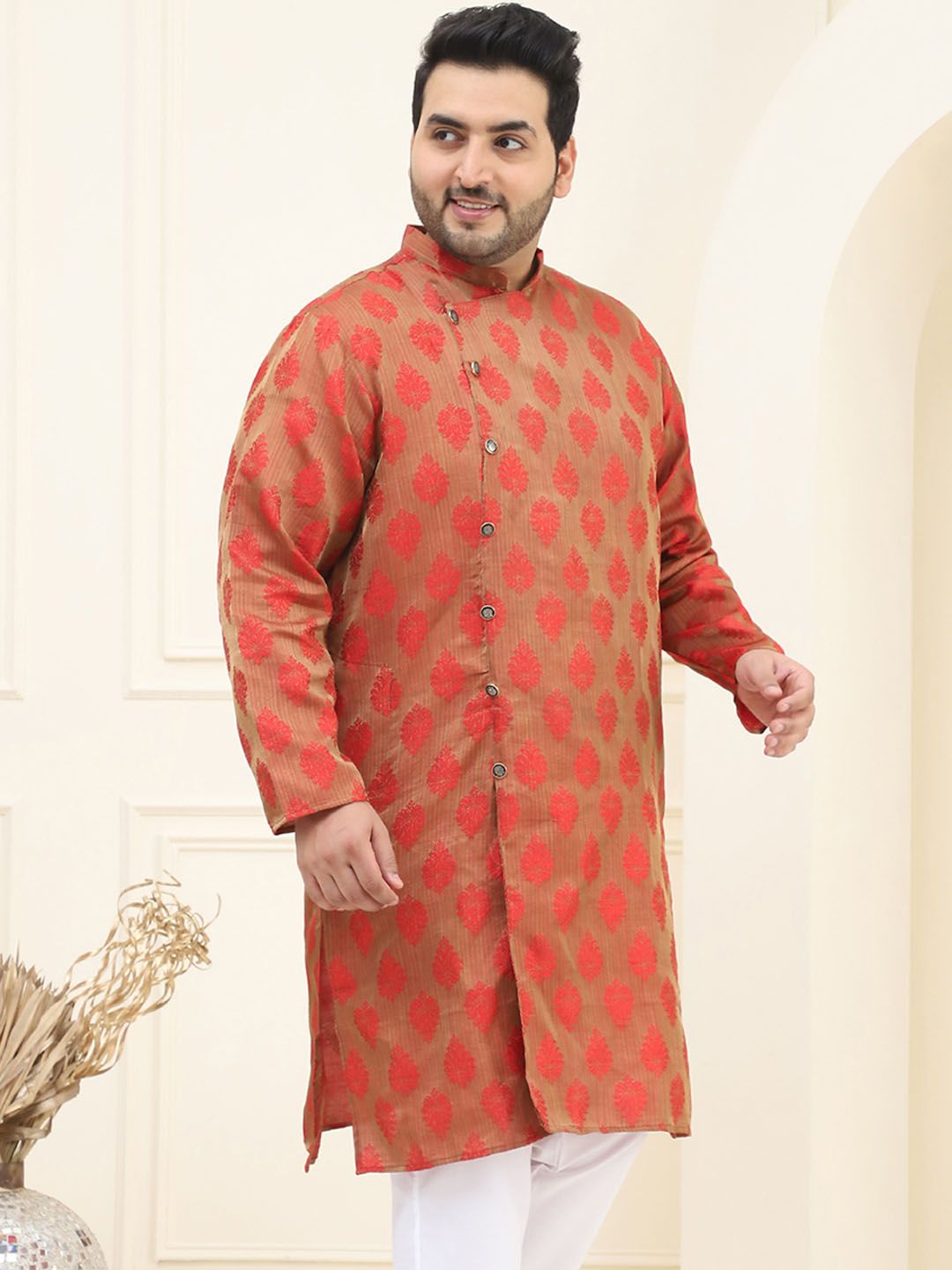 SOJANYA PLUS Size Motif Etnik Angrakha Band Collar Straight Kurta