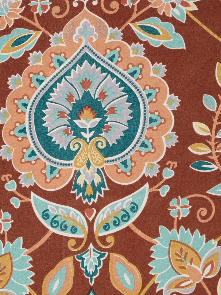 KLOTTHE Rust & Blue Floral Printed Fitted 300 TC King Bedsheet with 2 Pillow Covers