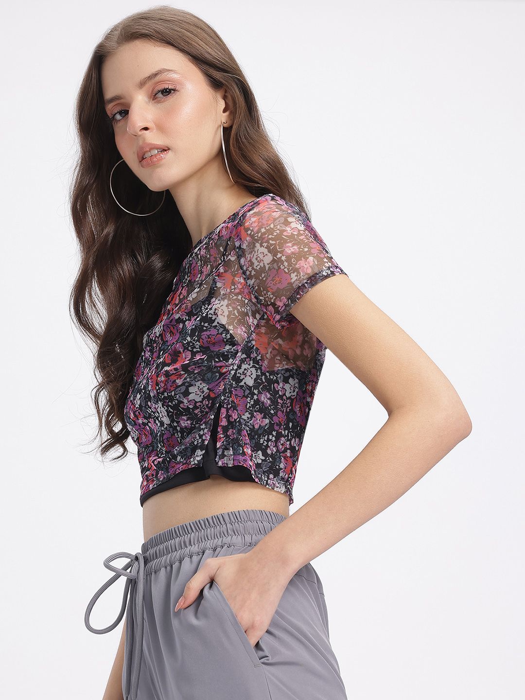 DressBerry Print Semi-Sheer Crop Top with Lining