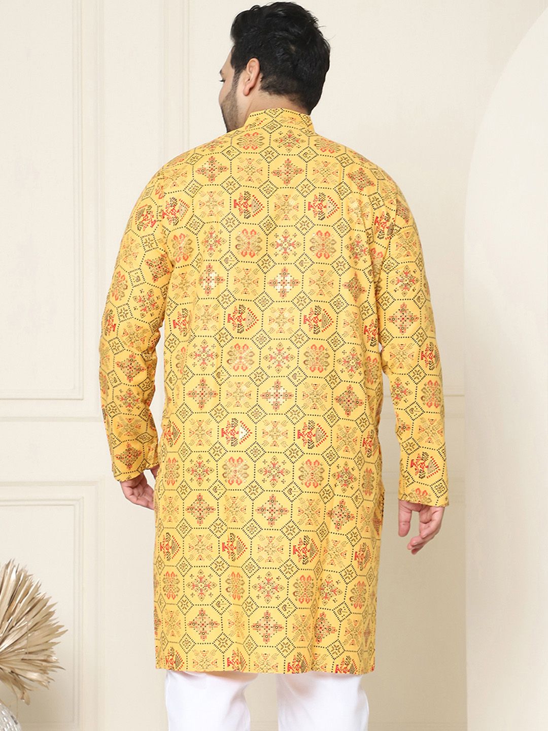 SOJANYA PLUS Ethnic Motifs Printed Band Collar Straight Cotton Linen Kurta