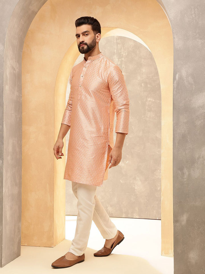 Anouk Pink Ethnic Motifs Woven Design Jacquard Silk Straight Kurta With Trousers