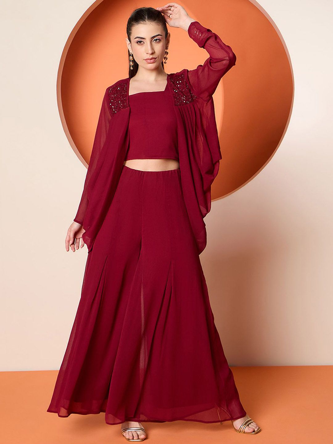 Antheaa Embellished Crop Top & Palazzo With Shrug