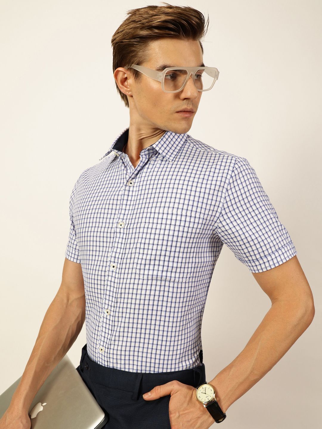Thomas Scott Men Smart Spread Collar Gingham Checked Cotton Formal Shirt