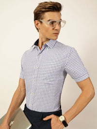 Thomas Scott Men Smart Spread Collar Gingham Checked Cotton Formal Shirt