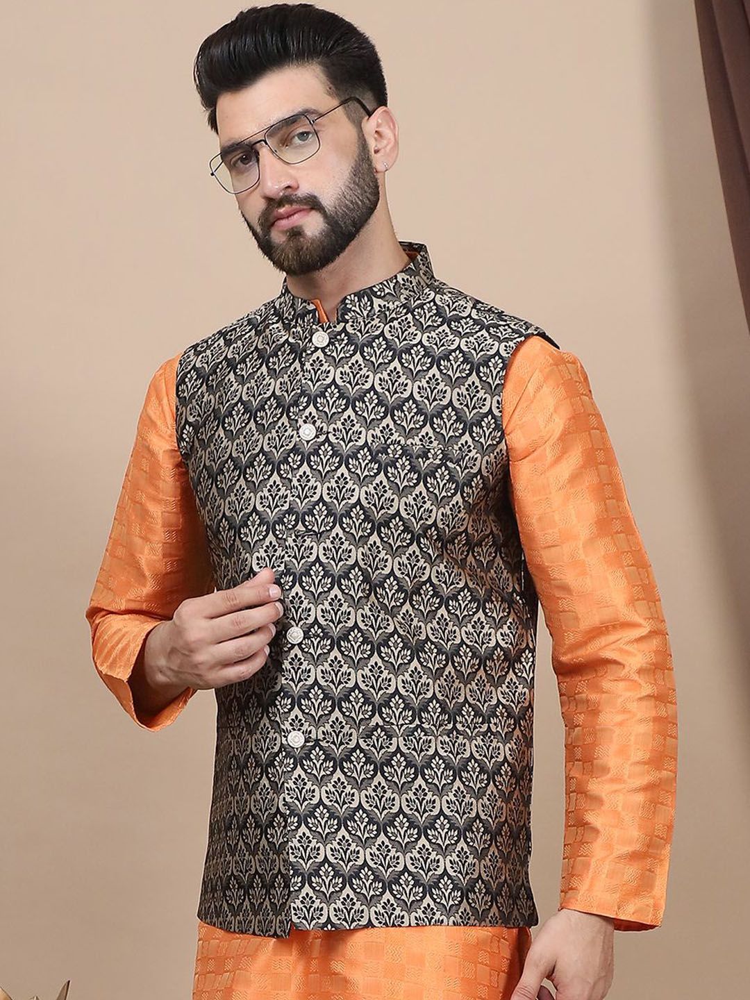 Anouk Geometric Woven Design Regular Straight Kurta With Churidar & Nehru Jacket
