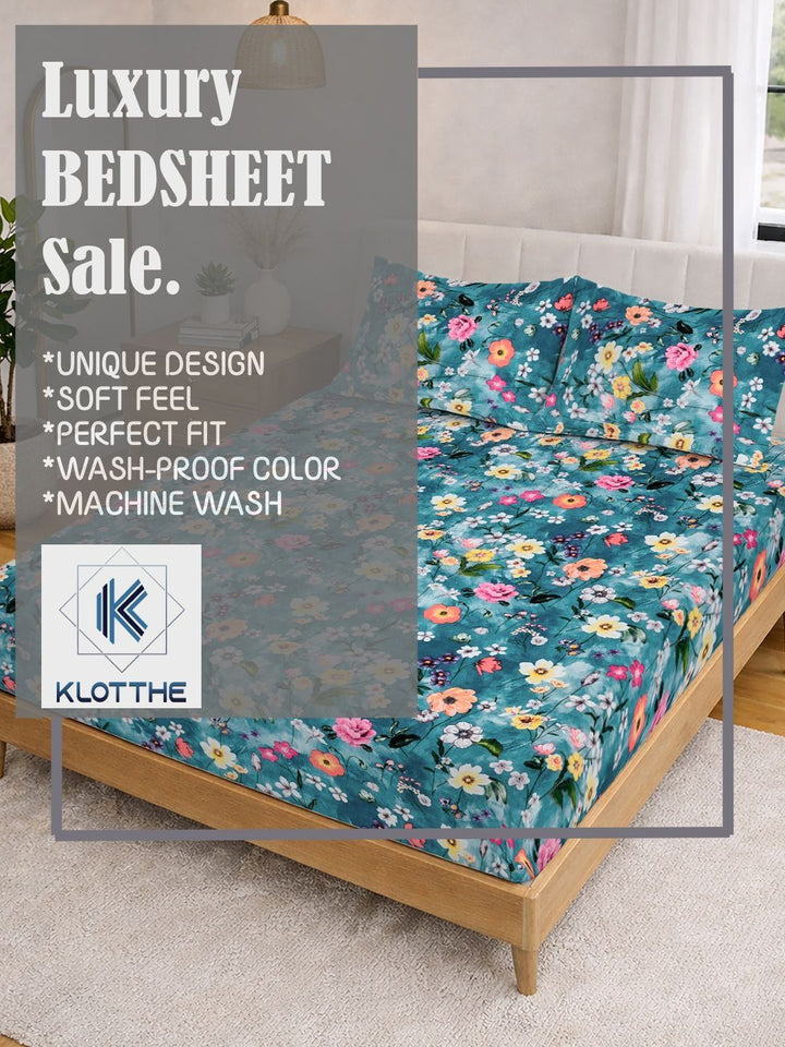 KLOTTHE Blue Floral Printed 300 TC Cadar King