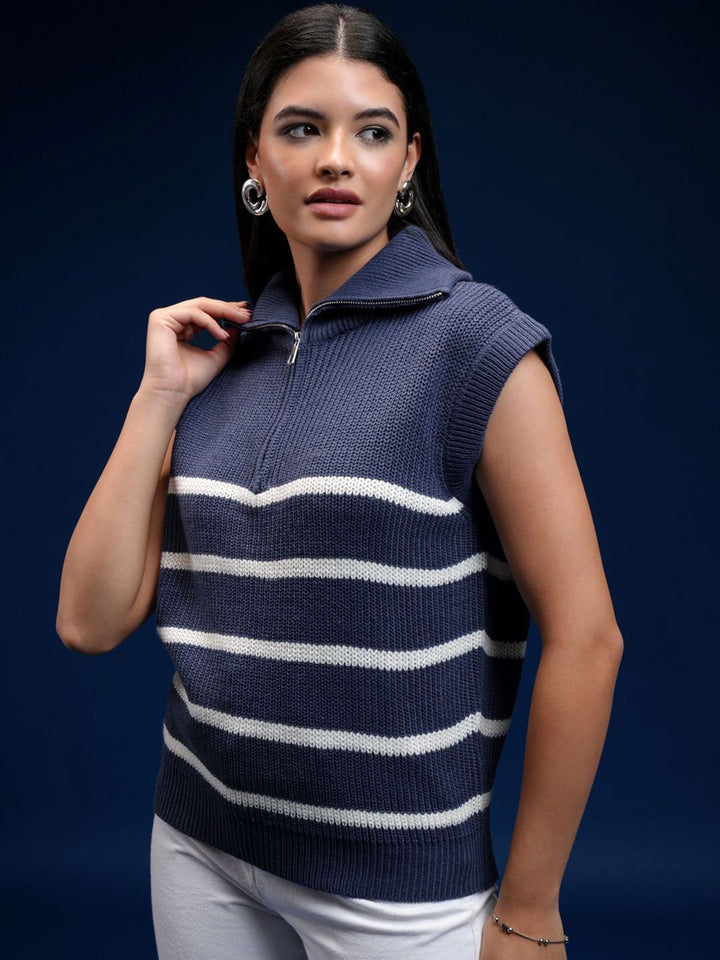 Tokyo Talkies Women Cable Knit Striped Sleeveless Pullover