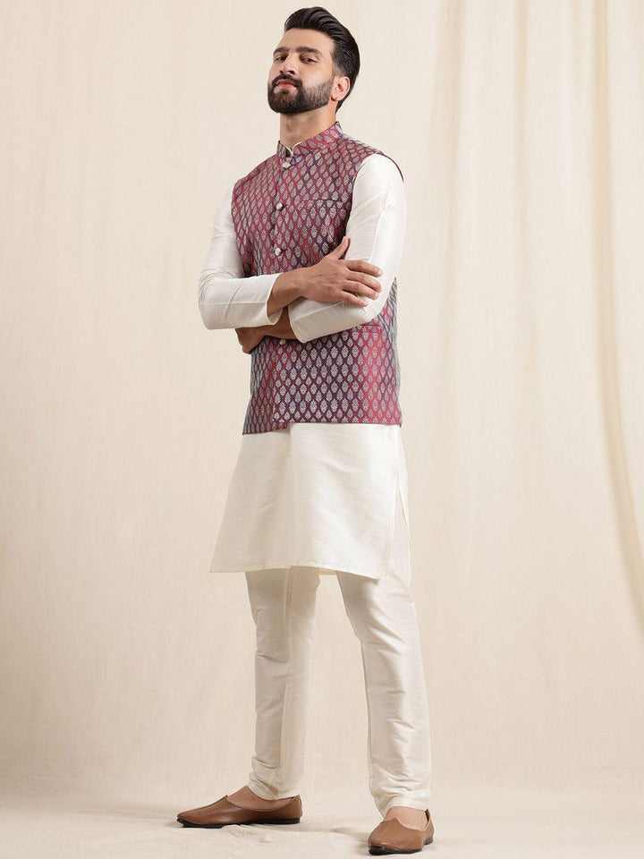 Anouk Men Regular Kurta with Pyjamas With Woven Maroon Nehru Jacket