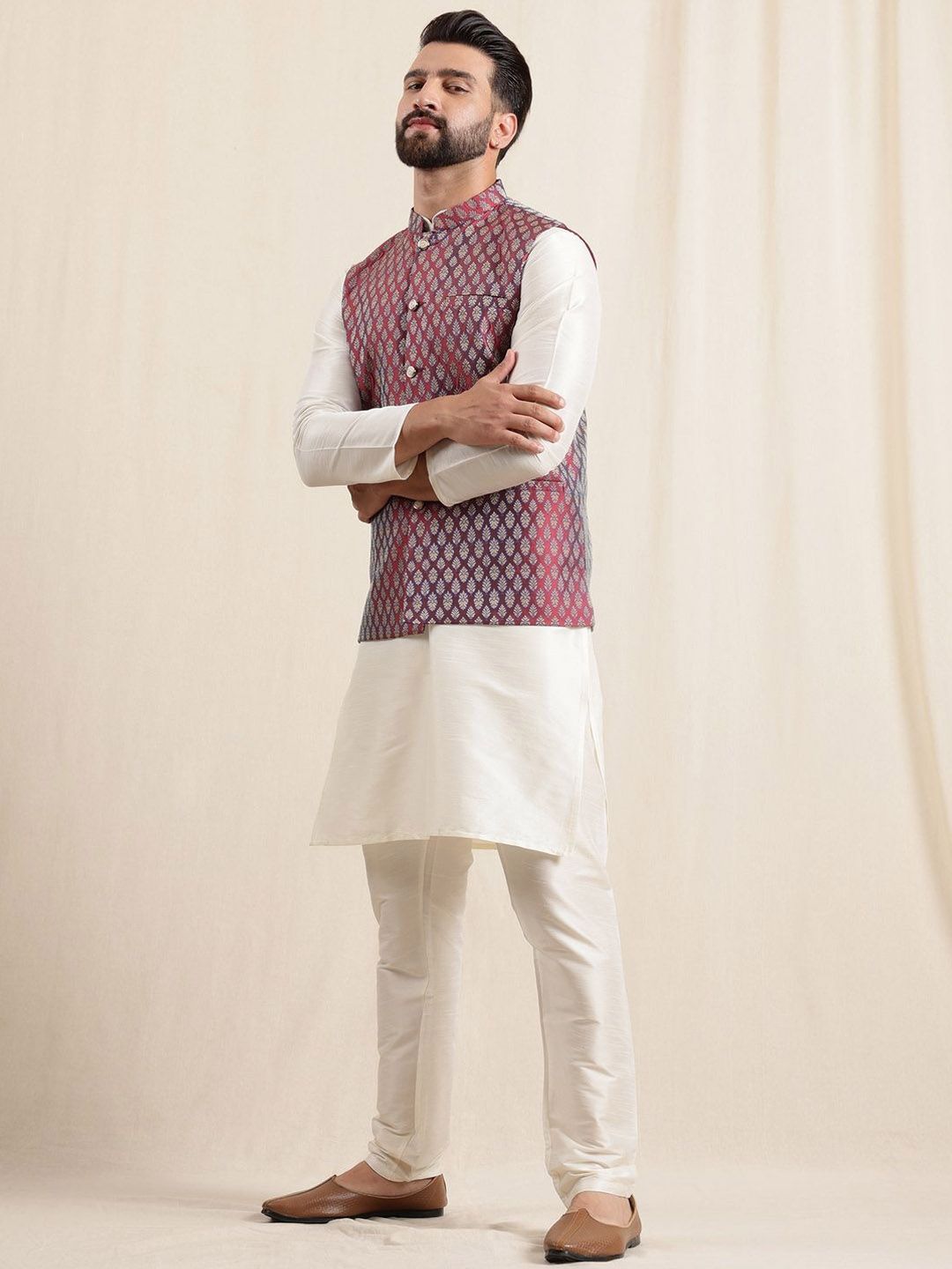 Anouk Men Regular Kurta with Pyjamas With Woven Maroon Nehru Jacket