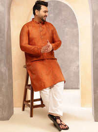 SOJANYA PLUS Ethnic Motifs Woven Design Band Collar Jacquard Silk Kurta With Pyjama