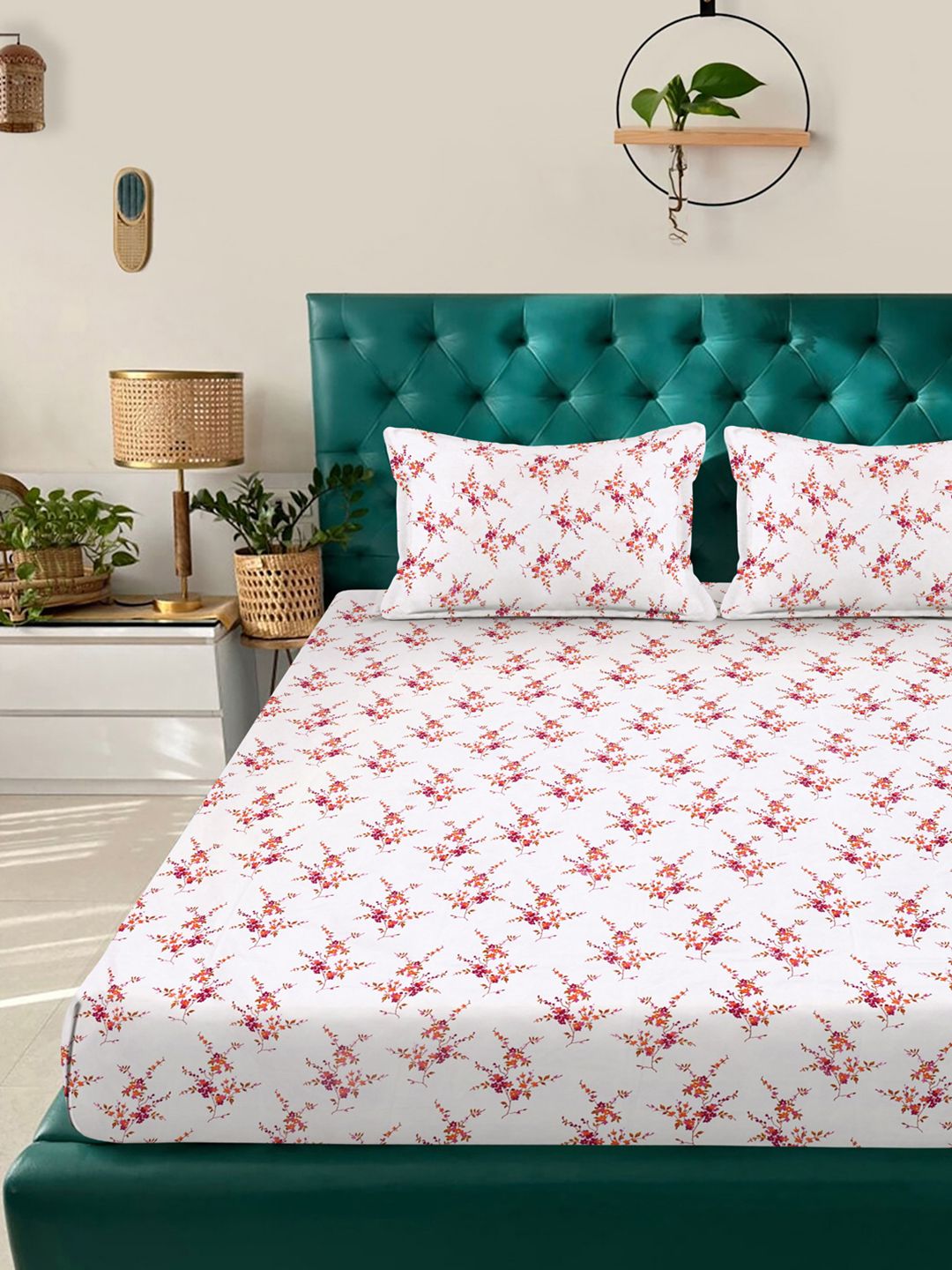 KLOTTHE White Floral Cotton 300 TC Fitted King Fine Bedsheet with 2 Pillow Covers-98 x 89 inches