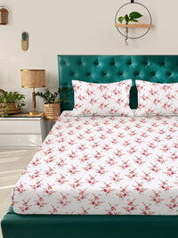 KLOTTHE White Floral Cotton 300 TC Fitted King Fine Bedsheet dengan 2 Sarung Bantal-98 x 89 inci