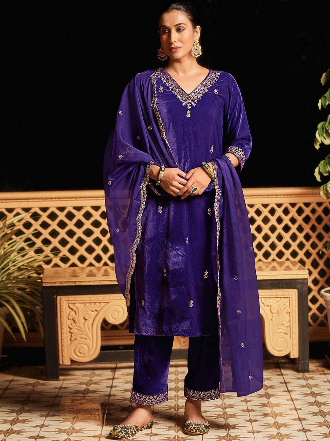 KALINI Ethnic Motifs Embroidered Sequinned Velvet Kurta with Trousers & Dupatta