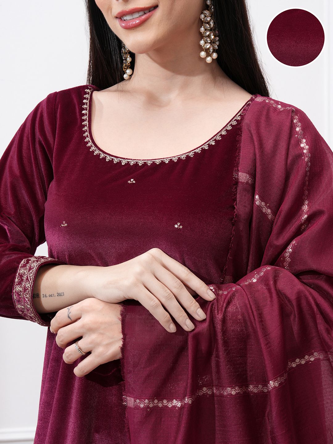 Vishudh Women Ethnic Motifs Embroidered Regular Kurta with Trousers & With Dupatta