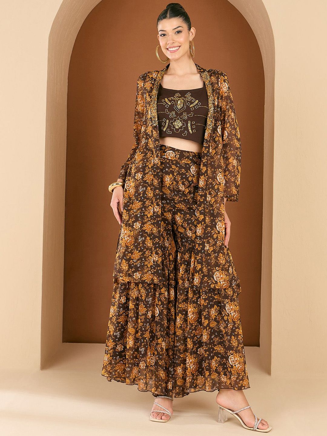 Antheaa embellished Printed Square Neck Top Jacket & Trousers Co-Ords Set