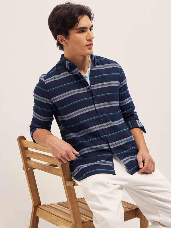 THE BEAR HOUSE Pure Cotton Button-Down Collar Multi Striped Slim Fit Casual Shirt