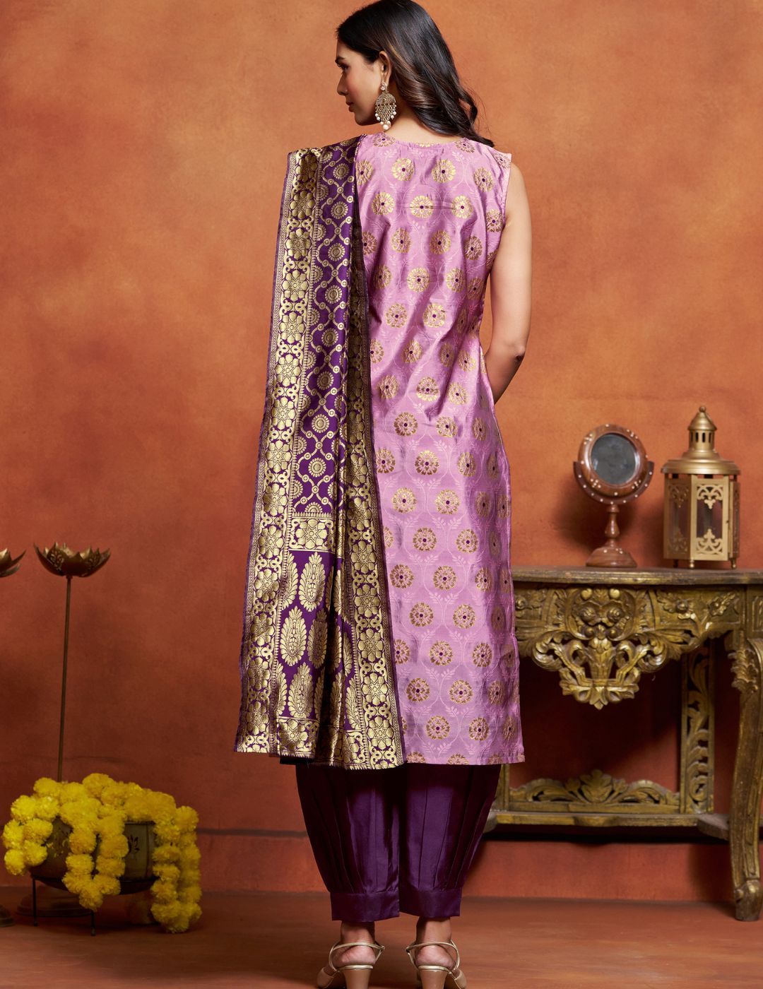 KALINI Dharti Floral Woven Design V-Neck Banarasi Straight Kurta With Salwar & Dupatta